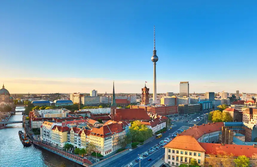 Aerial view of central berlin on a sunset in spring, including television tower on alexanderplatz