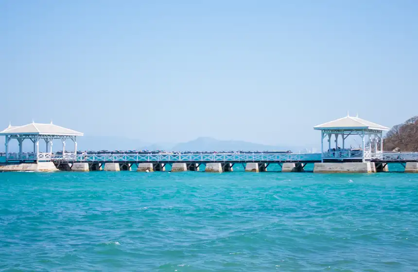 aerial view of wood waterfront pavilion in koh si chang island, thailand. asdang bridge.