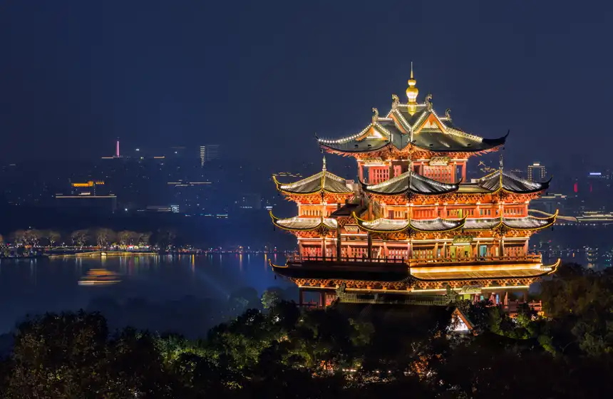 Night view of illuminated Cheng Huang Ge